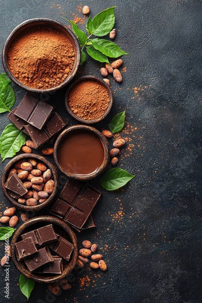 Obraz Rich cocoa powder, dark chocolate, cocoa beans, and fresh green leaves are beautifully arranged in wooden bowls on dark textured surface, creating warm and inviting composition