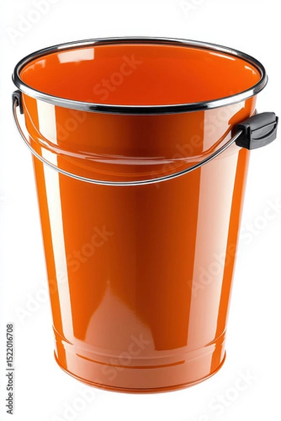 Obraz Orange bucket with shiny finish and metal handle, perfect for cleaning tasks or storage. Its sleek design adds modern touch to any space, making it both functional and stylish