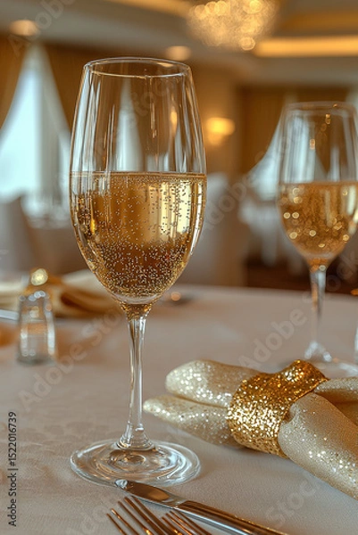 Obraz Table set with elegant champagne glasses filled with sparkling beverage, creating festive atmosphere perfect for celebrations and special occasions
