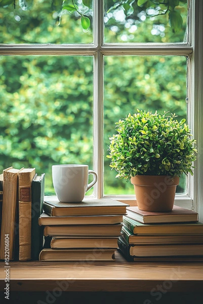 Obraz Cozy window scene featuring stack of books, white mug, and potted plant, creating warm and inviting atmosphere perfect for reading and relaxation