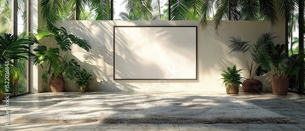 Obraz Interior space featuring blank wall, surrounded by lush green plants and natural light streaming through large windows. atmosphere is calm and inviting, perfect for relaxation