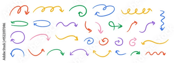 Obraz Hand drawn crayon wavy arrow collection. Color curved, zig zag and squiggle doodle arrows set. Charcoal sketch pointers and direction lines. Vector pastel pencil, chalk or marker brush stroke elements
