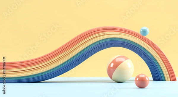 Obraz Abstract Beach Ball and Rainbow Arc – Vibrant 3D Summer Scene with Curved Pastel Lines and Floating Elements