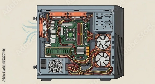 Fototapeta Illustration of an open computer case showing internal components and airflow