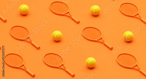 Obraz Orange Tennis Rackets and Balls on Vibrant Background – Flat Lay Sports Pattern Design for Fitness or Game Concepts