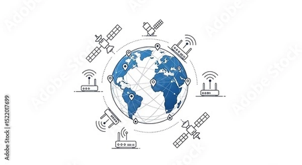 Fototapeta Illustration of global network with satellites and routers connected around earth