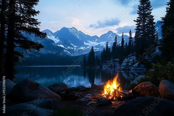 Fototapeta Campfire by a Tranquil Lake Reflecting SnowCapped Mountains at Twilight Hour