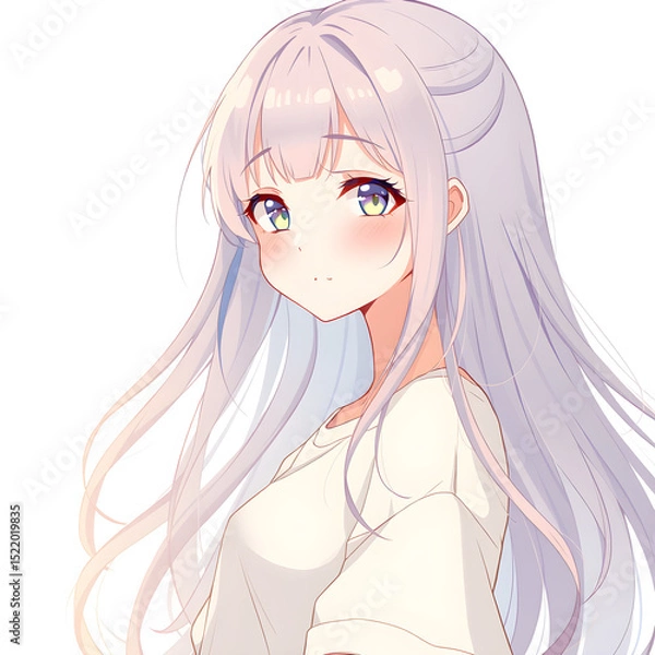 Fototapeta Beautiful anime girl portrait with long flowing lavender hair and gentle expression in digital art
