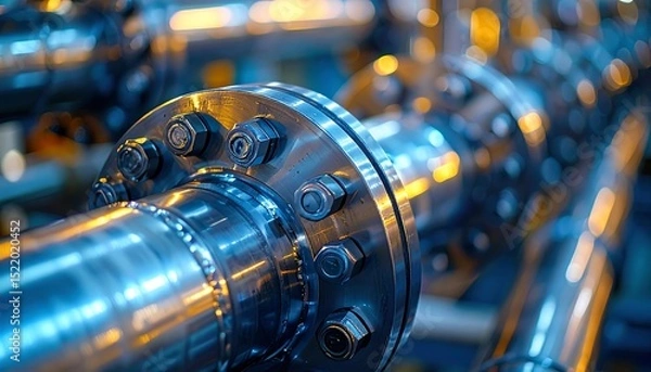 Obraz Industrial pipeline with bolts and flanges shows complex engineering in a blue and gold hue.