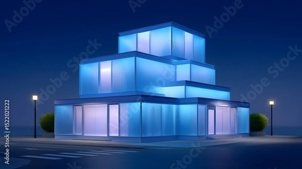 Fototapeta Glowing blue plastic cube structure serving as a modern store
