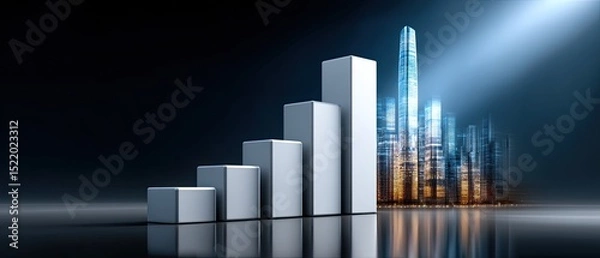 Fototapeta business success growth concept. Abstract cityscape with bar graph representing growth in a modern, digital environment.