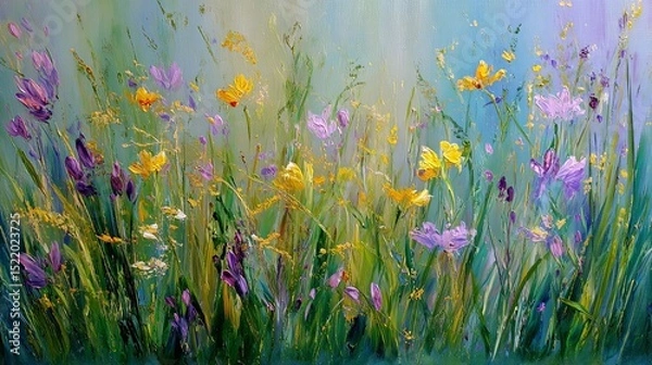 Obraz Soothing oil painting of a blooming meadow with vibrant wildflowers and soft brushstrokes, capturing the peaceful essence of nature and ideal for therapeutic and calming environments.

