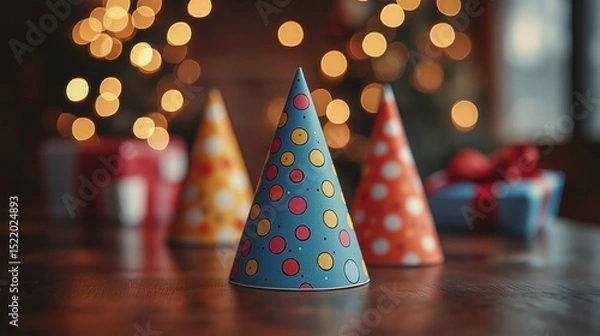 Fototapeta party hats on table with blurred gift boxes in background