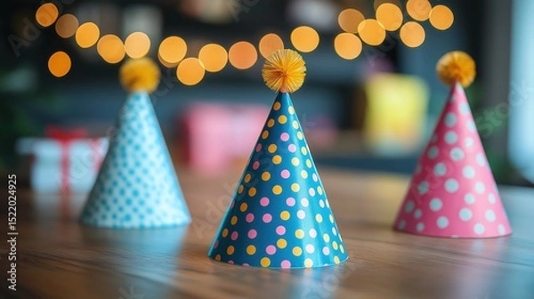 Fototapeta party hats on table with blurred gift boxes in background