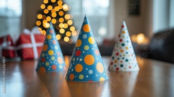 Fototapeta party hats on table with blurred gift boxes in background