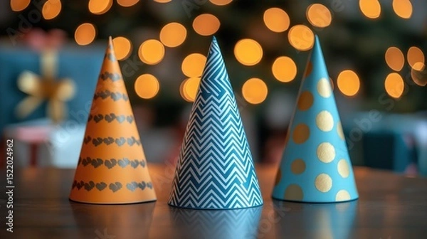 Fototapeta party hats on table with blurred gift boxes in background