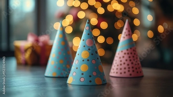 Fototapeta party hats on table with blurred gift boxes in background