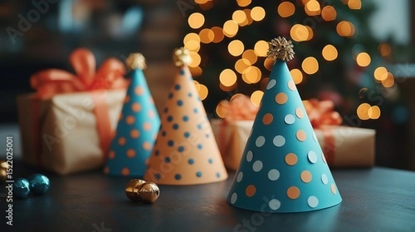 Fototapeta party hats on table with blurred gift boxes in background