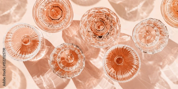 Obraz Stylish banner of rose wine crystal glasses casting shadows on pastel peach background. Minimal Top view sparkling alcohol drinking, champagne drinks at sun, wine aesthetic party concept