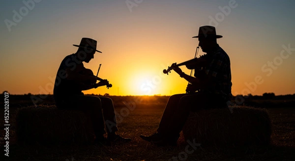 Fototapeta Silhouetted musicians create a serene atmosphere as they play their fiddles atop hay bales during a stunning sunset in the countryside.