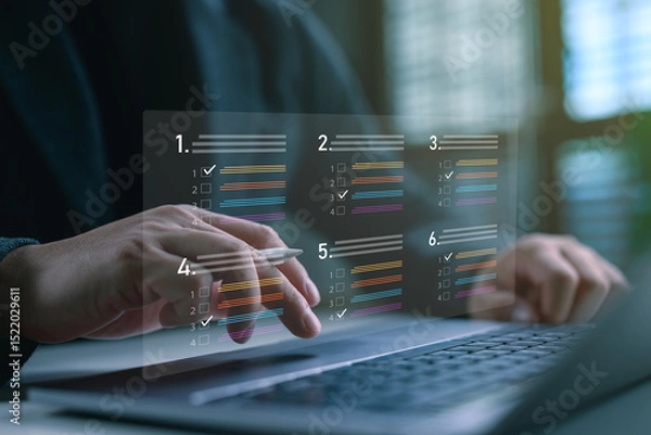 Obraz Online survey and assessment interface with interactive checkboxes and digital forms, perfect for e-learning, user feedback, and remote evaluations in a modern virtual workspace.