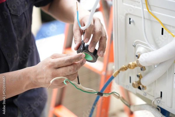 Fototapeta Man Using Electrical Tape on Wires During AC Installation, Technician Repairing Air Conditioner Wiring, HVAC Professional Working on Electrical Connections