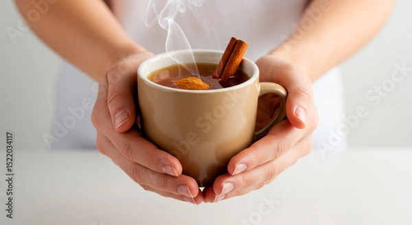 Fototapeta Hands holding a steaming mug of herbal tea, garnished with cinnamon stick and turmeric powder, set on a white surface.