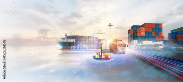 Fototapeta Container truck in ship port for business Logistics and transportation of Container Cargo ship and Cargo plane with working crane bridge , logistic import export and transport industry background