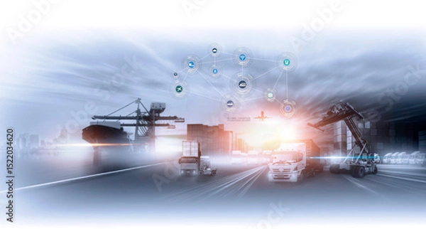 Fototapeta Container truck in ship port for business Logistics and transportation of Container Cargo ship and Cargo plane with working crane bridge, logistic import export and transport industry background