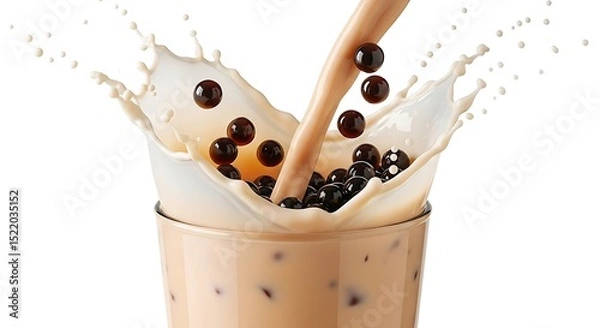 Fototapeta A refreshing milk tea with brown sugar pearls, creating a splash
