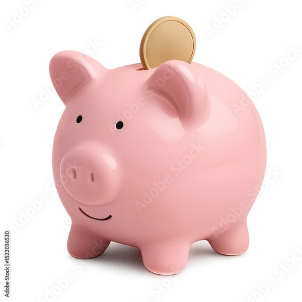 Fototapeta Savings Piggy Bank: A classic pink piggy bank with a gold coin being deposited. Representing savings, financial security, and smart money management.