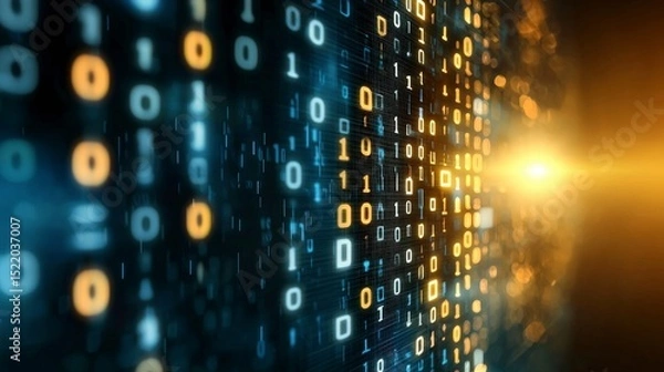 Fototapeta Binary Code Stream: A dazzling display of digital binary code cascading in a sleek stream, illuminated by a warm glow, represents the sophisticated flow of information and the power of technology.