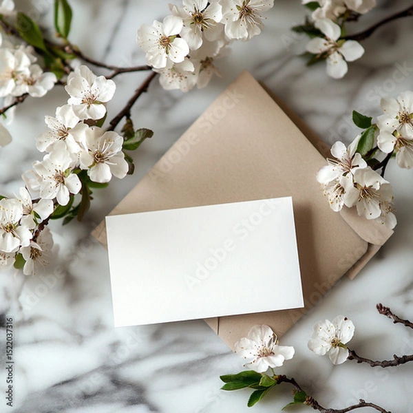 Fototapeta Blank Card with Spring Blossoms on Marble.ai generated