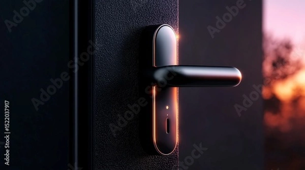 Obraz Elegant Door Handle: A sleek, modern door handle shines against a backdrop of a muted door and the soft hues of the sky at dusk.