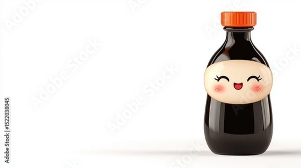 Obraz Cheerful Sauce Bottle: This playful image features a charming sauce bottle with a cheerful expression. Its smooth, glossy exterior is accentuated with an orange cap and a label.