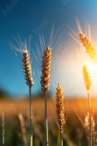 Obraz Golden Wheat at Sunset: Ripe wheat stalks bathed in the golden light of the setting sun, showcasing the rich texture and color of the harvest. 