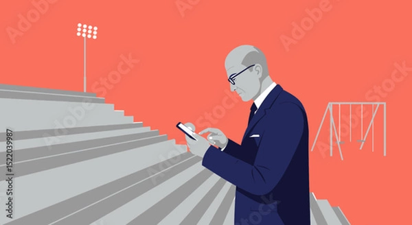 Fototapeta a man in a suit and glasses is using a cell Minimalist Vector Design. Suitable for Landing Page, Marketing Presentation, Infographics, Social Media Posts, Blog Illustration, etc.