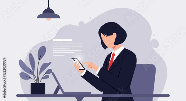 Fototapeta a man in a suit sitting at a desk using a cell Modern Flat Vector Illustration. Suitable for Landing Page, Marketing Presentation, Infographics, Social Media Posts, Blog Illustration, etc.