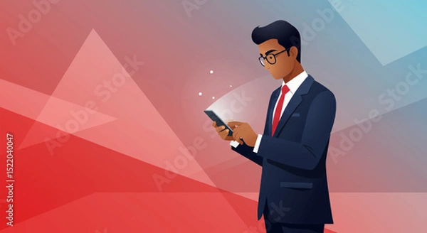 Fototapeta a man in a suit and tie using a cell Contemporary Flat Vector Illustration. Suitable for Landing Page, Marketing Presentation, Infographics, Social Media Posts, Blog Illustration, etc. 
