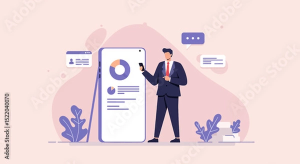 Fototapeta a man in a suit standing next to a phone Clean Flat Style Vector Illustration. Suitable for Landing Page, Marketing Presentation, Infographics, Social Media Posts, Blog Illustration, etc.