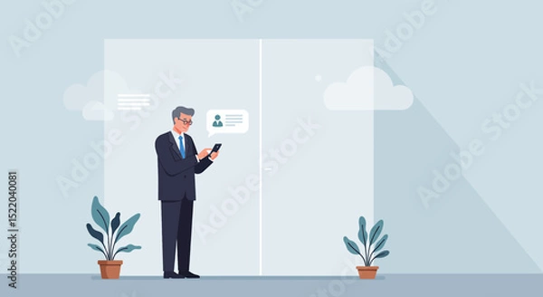Fototapeta a man in a suit standing in front of a door with a phone