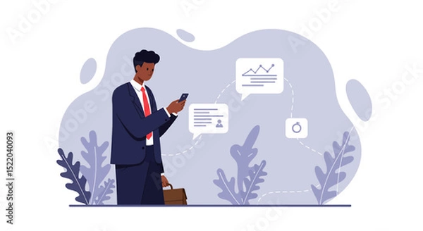 Fototapeta a man in a suit is using his phone Modern Flat Vector Illustration. Suitable for Landing Page, Marketing Presentation, Infographics, Social Media Posts, Blog Illustration, etc.