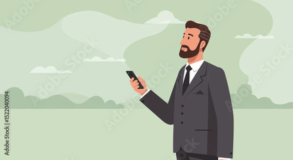 Fototapeta a man in a suit is looking at his phone Contemporary Flat Vector Illustration. Suitable for Landing Page, Marketing Presentation, Infographics, Social Media Posts, Blog Illustration, etc. 