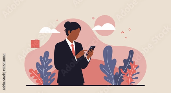 Fototapeta a person in a suit is using a cell Minimalist Vector Design. Suitable for Landing Page, Marketing Presentation, Infographics, Social Media Posts, Blog Illustration, etc.