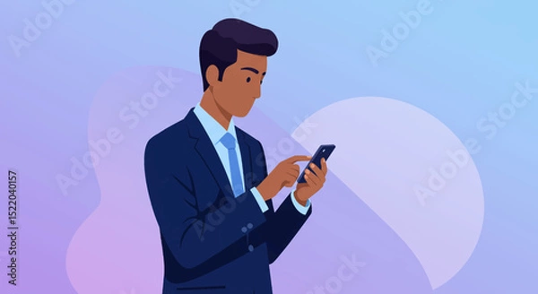 Fototapeta a man in a suit using his phone Clean Flat Style Vector Illustration. Suitable for Landing Page, Marketing Presentation, Infographics, Social Media Posts, Blog Illustration, etc.