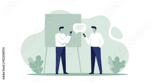 Fototapeta two people standing in front of a whiteboard with a speech