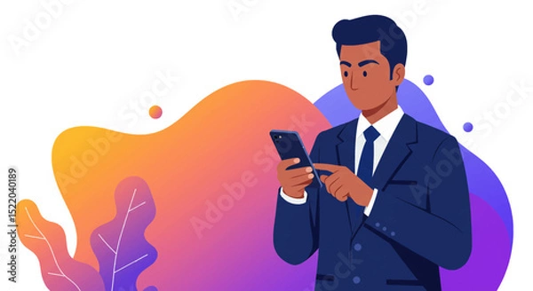 Fototapeta a man in a suit is using his cell Contemporary Flat Vector Illustration. Suitable for Landing Page, Marketing Presentation, Infographics, Social Media Posts, Blog Illustration, etc. 