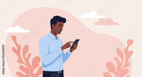 Fototapeta a man standing in front of a plant using a cell Contemporary Flat Vector Illustration. Suitable for Landing Page, Marketing Presentation, Infographics, Social Media Posts, Blog Illustration, etc. 