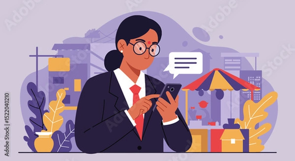Fototapeta a man in a suit is using his phone Minimalist Vector Design. Suitable for Landing Page, Marketing Presentation, Infographics, Social Media Posts, Blog Illustration, etc.
