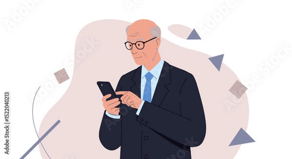 Fototapeta an older man in a suit and tie using a smart phone Modern Flat Vector Illustration. Suitable for Landing Page, Marketing Presentation, Infographics, Social Media Posts, Blog Illustration, etc.